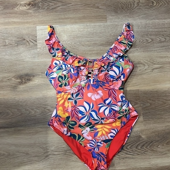 Caribbean Joe Ruffle Sleeve Adjustable Strap Coral Orange Floral Swimsuit 14 - Picture 4 of 9